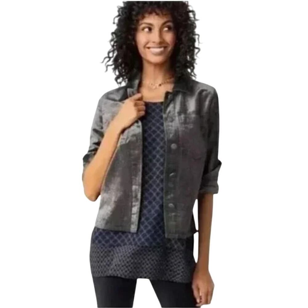 Cabi Womens Tuesday Topper Crushed Velvet Button Front Shirt Jacket Gray Size L